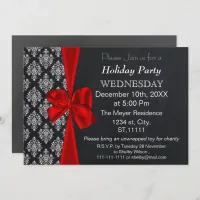 Chalkboard damask red bow Holiday party Invitation