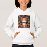 Whimsical Folk Art Cat and Flowers Hoodie