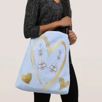 Gold Hearts King and Queen Chess Pieces on Blue | Crossbody Bag