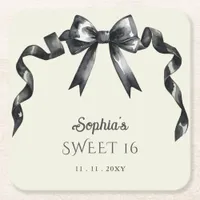 Elegant Watercolor Coquette Black Bow Sweet 16 Square Paper Coaster