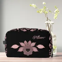 Elegant pink on black lace in vintage style custom dopp kit