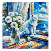 White Cat in Window sill Looking out at the Ocean Acrylic Print