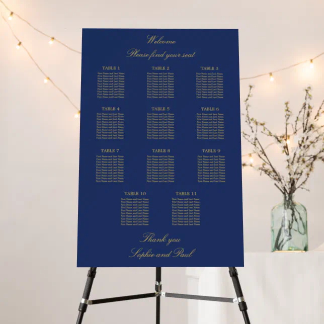 Navy Blue Golden Beige 11 Table Seating Chart Foam Board