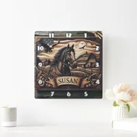 Horse Portrait With Barn and Eagles at Dusk Square Wall Clock