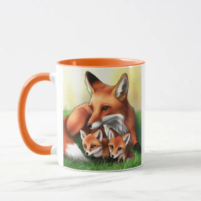 Red Fox Mother and Kits in the Grass Mug