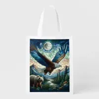 Mosaic Bear and Eagle in the Mountains Ai Art Grocery Bag