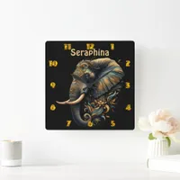 Floral dawn elephant art square wall clock