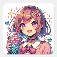 Cute Anime Girl Holding Bubble Tea