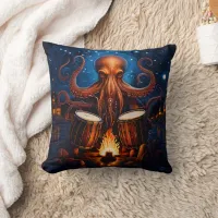 Octopus Playing Drums by Campfire Under Starry Sky Throw Pillow