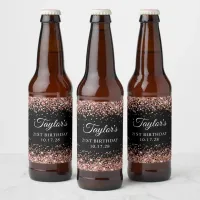 Rose Gold Glitter Black 21st Birthday Beer Bottle Label