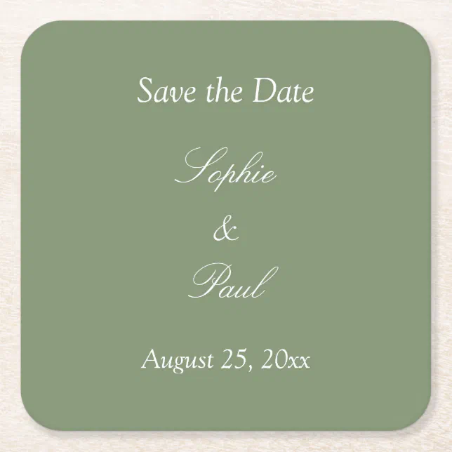 Sage Green Save the Date Square Paper Coaster