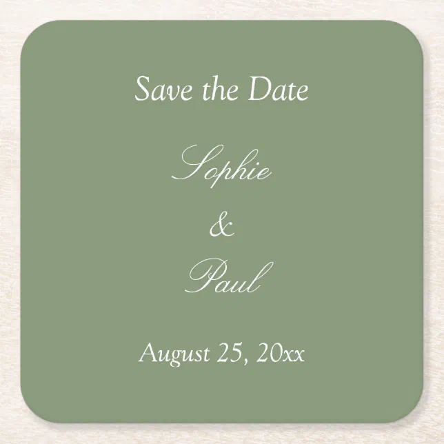 Sage Green Save the Date Square Paper Coaster 