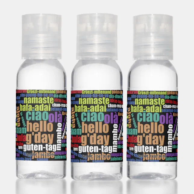 Colorful Hello in Many Languages Word Cloud Hand Sanitizer