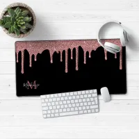 Black Rose Gold Sparkle Glitter Drips Monogram Desk Mat