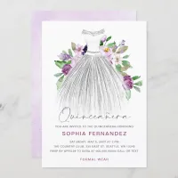 Purple Silver glitter Floral Dress Quincea&#241;era Invitation