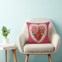 Magenta Vintage Rose Heart Valentine Throw Pillow