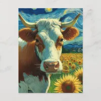 Brown White Cow in a Faux Van Gogh Painting Postcard