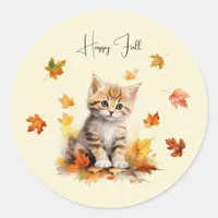 Cute Orange Tabby Kitten in Fall Leaves Classic Round Sticker