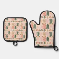 Caribbean Tribal Mudcloth: Boho Dark Green, Pink Oven Mitt & Pot Holder Set