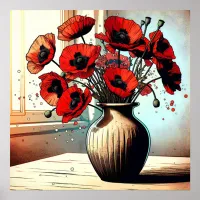 Pretty Vase of Red Poppies Poster