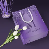 Chic Purple Glitter Drips Monogram Small Gift Bag