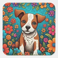 Cute Puppy with Whimsical Folk Art Flowers Square Sticker