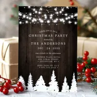 Rustic Pine Trees String Lights Christmas Party Invitation