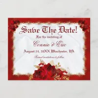 Luxury Red Gold Floral Roses Wedding Save The Date Announcement Postcard