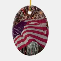 American Flag and Fireworks Ceramic Ornament