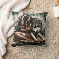 Native American Woman With Wolf Near Campfire Throw Pillow