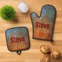 Rusty, Verdigris, Grunge Steampunk Personalized Oven Mitt & Pot Holder Set