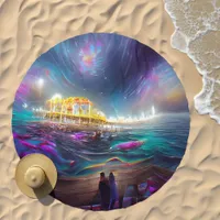 Cosmic Santa Monica Pier AI created Digital Art Beach Towel