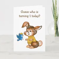 Cute Bunny and Bluebird Kids First Birthday Card