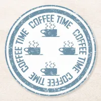 Coffee Time Blue on White Round Paper Coaster