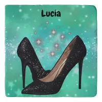 Black Glitter High Heel Shoe on Green | Trivet