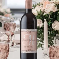 Glamor Rose Gold Monogram Damask Wedding Wine Label