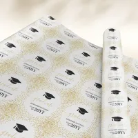 Graduate Gold Glitter Confetti White Black Wrapping Paper