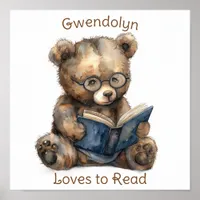 Nursery Art Poster Bear Reading a Book Personalize