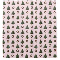 Pink Christmas Tree Festive Wreath Patterned Xmas Shower Curtain