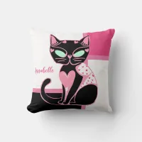 Pink Heart Black Cat Throw Pillow