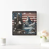 Eagle Over Scenic American Landscape Square Wall Clock