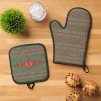 Southwest Sagebrush Green Geometric Design  Oven Mitt & Pot Holder Set