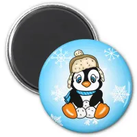 Adorable Hand drawn Penguin with Snowballs Magnet