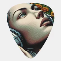 Beautiful Woman with Headphones in Sunflowers Guitar Pick