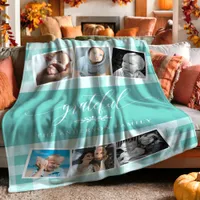 Grateful Teal Plaid Fall Family 6 Photo Collage Fleece Blanket