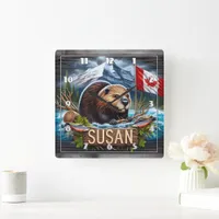 Canadian Beaver Near Water With Maple Leaf Flag Square Wall Clock