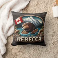 Canadian Beaver Holding Log by Canadian Flag Throw Pillow