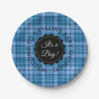 Personalized Baby Shower Blue Plaid Paper Plates