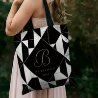 Geometric Black, White & Gold Monogram Bridesmaid Tote Bag