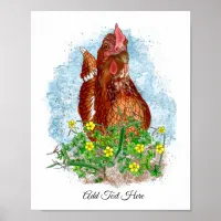 Hand drawn Chicken Art | Cute Chicken in Flowers Poster